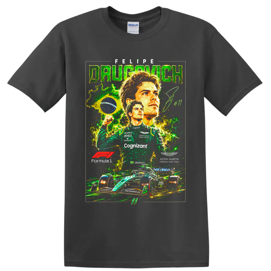 Felipe Drugovich Aston Martin Formula 1 collage with Brazilian flag and race car on a Charcoal T Shirt