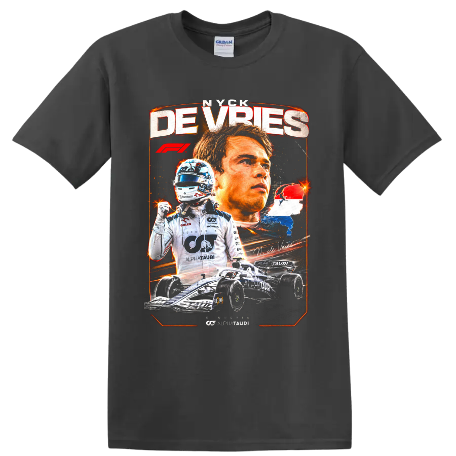 Nyck de Vries AlphaTauri Formula 1 racing collage with driver portrait and race car on a Charcoal T Shirt