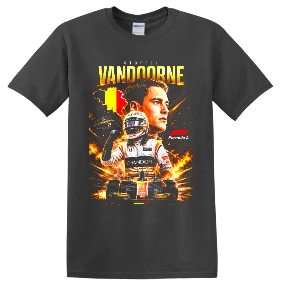 Stoffel Vandoorne McLaren Formula 1 racing collage with helmet, number 2 car and Belgian on a Charcoal T Shirt
