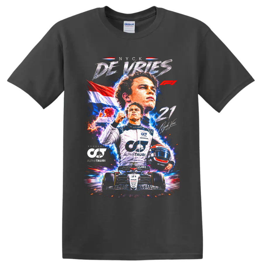 Nyck de Vries AlphaTauri racing collage with Dutch flag, helmet, and number 21 car on a Charcoal T Shirt