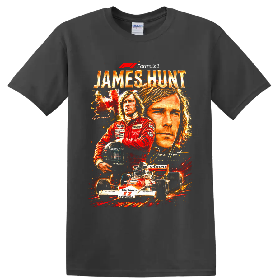 James Hunt Formula 1 portrait collage with McLaren number 11 race car and helmet on a Charcoal T Shirt