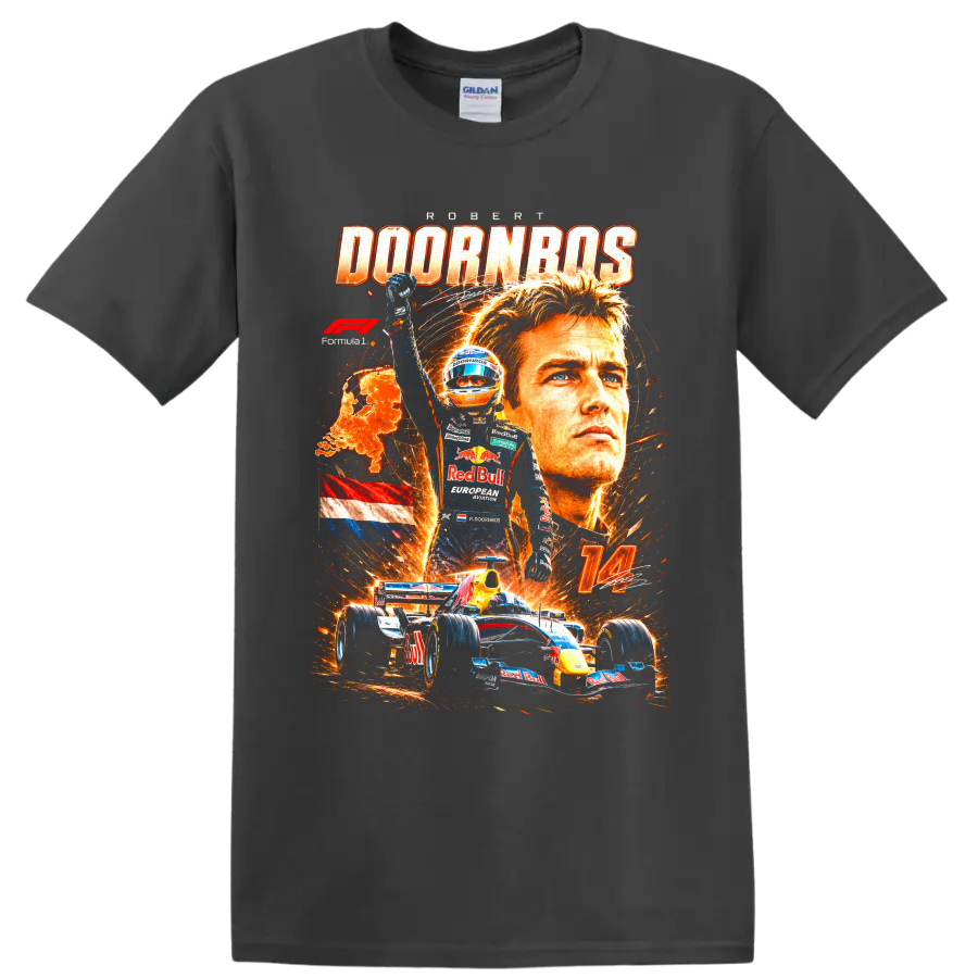 Robert Doornbos Red Bull Formula 1 number 14 fiery racing collage graphic on a Charcoal T Shirt