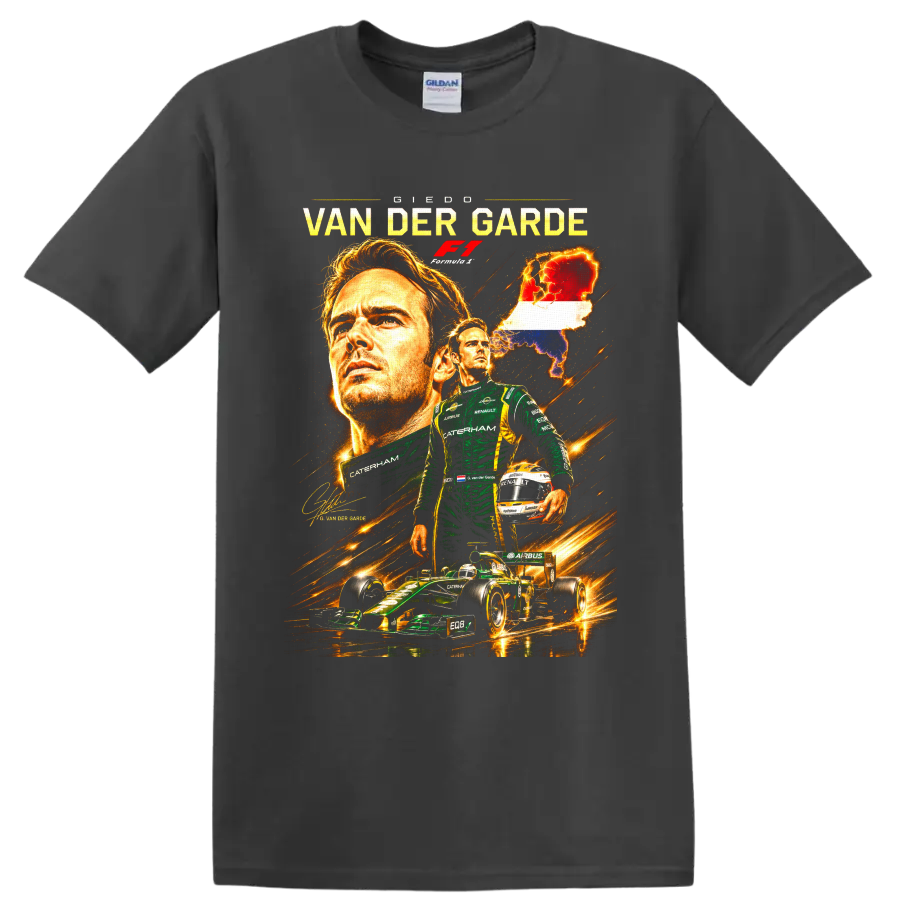 Giedo van der Garde Caterham Formula 1 portrait with race car and Netherlands map on a Charcoal T Shirt