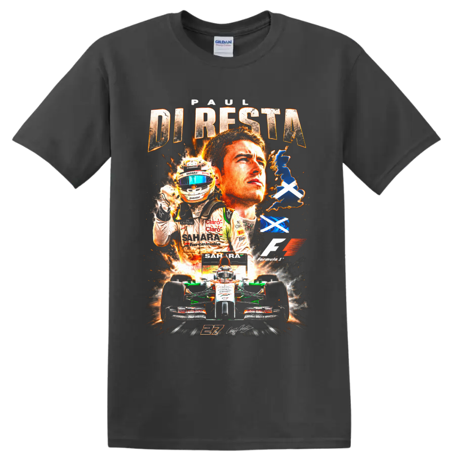 Paul di Resta Force India Formula 1 racing collage with number 21 car and Saltire flags on a Charcoal T Shirt