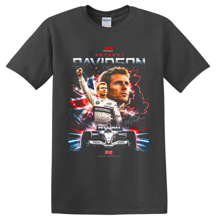 Anthony Davidson Formula 1 racing poster graphic with Union Jack and BMW Sauber car on a Charcoal T Shirt
