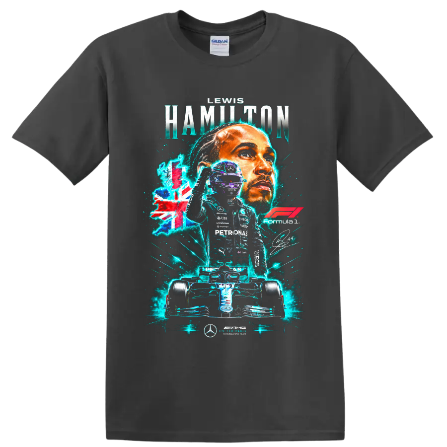 Lewis Hamilton Mercedes Formula 1 portrait, number 44 driver, and race car graphic on a Charcoal T Shirt