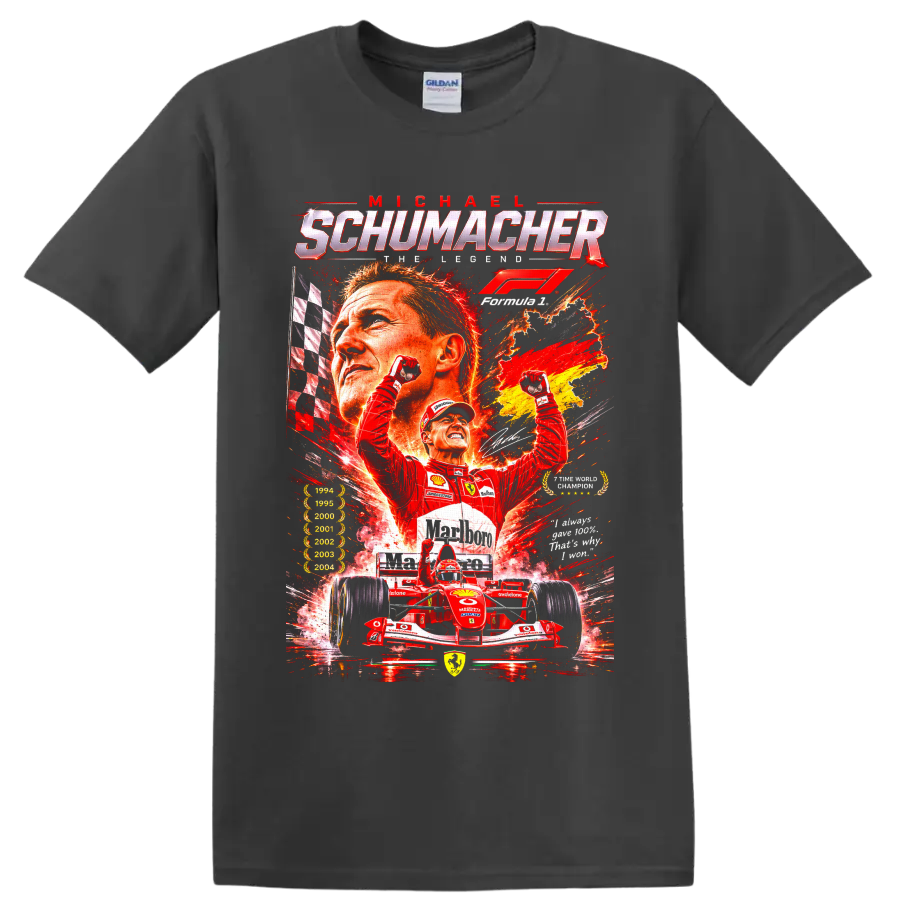 Michael Schumacher Ferrari Formula 1 racing collage with champion years and victory pose on a Charcoal T Shirt