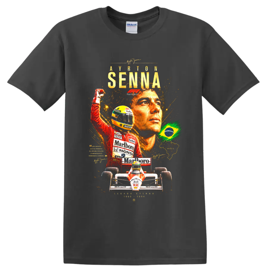 Ayrton Senna Formula 1 tribute collage with Brazilian flag, helmet, and race car on a Charcoal T Shirt