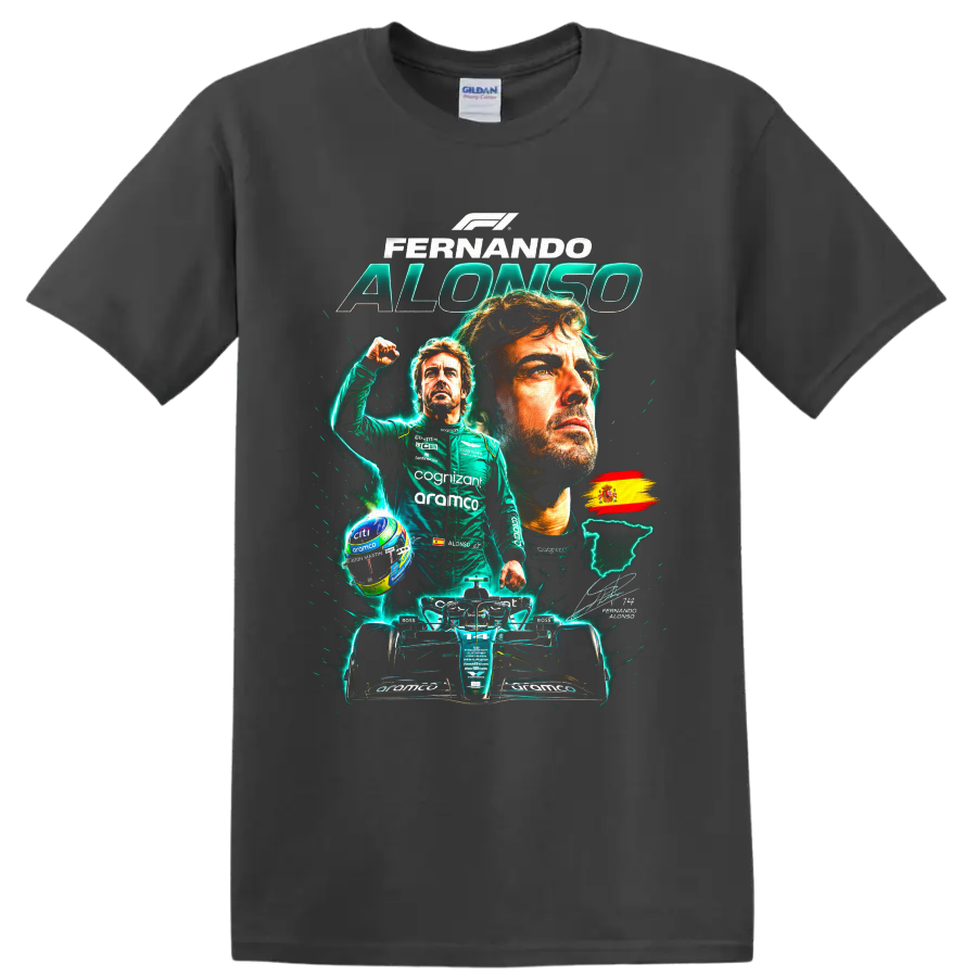 Fernando Alonso Formula 1 portrait collage with Aston Martin race car and Spanish flag on a Charcoal T Shirt