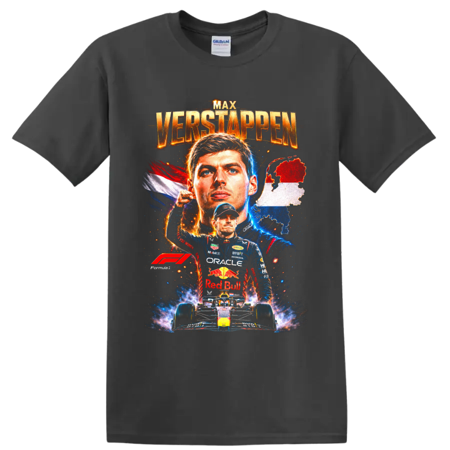 Max Verstappen Red Bull Racing Formula 1 portrait with Dutch flag, map, and race car on a Charcoal T Shirt