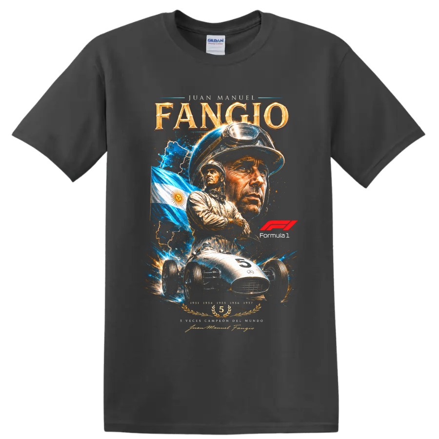 Juan Manuel Fangio portrait with Argentine flag, vintage race car, and Formula 1 graphic on a Charcoal T Shirt