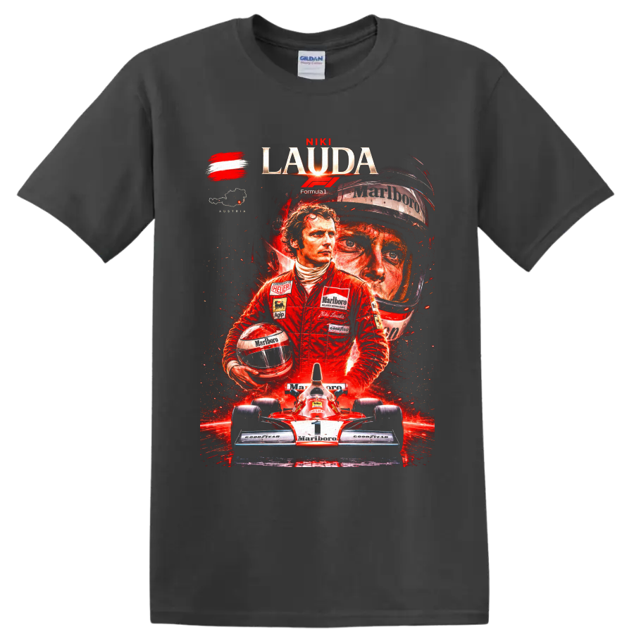 Niki Lauda dramatic Formula 1 collage with helmet, Austrian flag, and number 1 race car on a Charcoal T Shirt