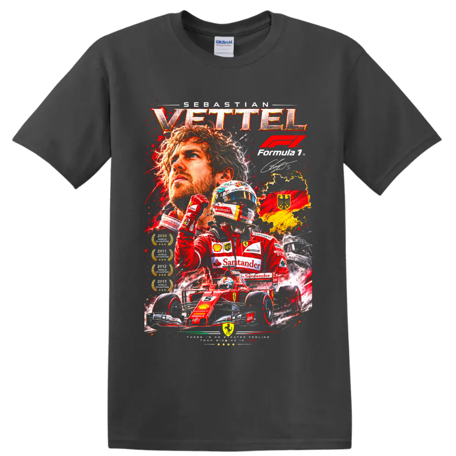 Sebastian Vettel Ferrari Formula 1 racing collage with red car, helmet, and German flag on a Charcoal T Shirt