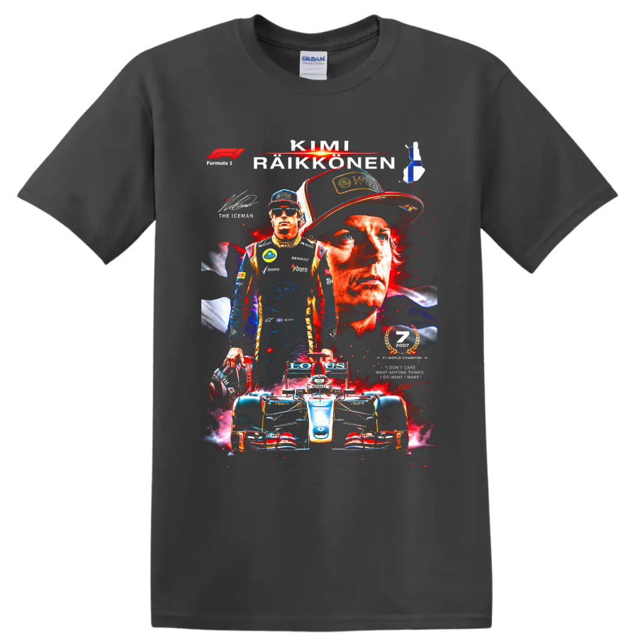 Kimi Räikkönen Formula 1 Lotus Renault portrait collage with race car and Finnish flag on a Charcoal T Shirt