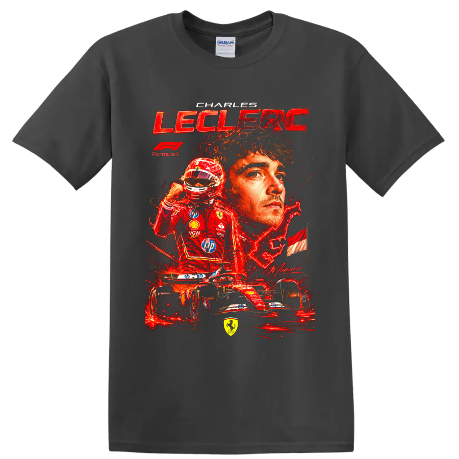 Charles Leclerc Ferrari Formula 1 portrait, helmeted driver, and race car collage on a Charcoal T Shirt