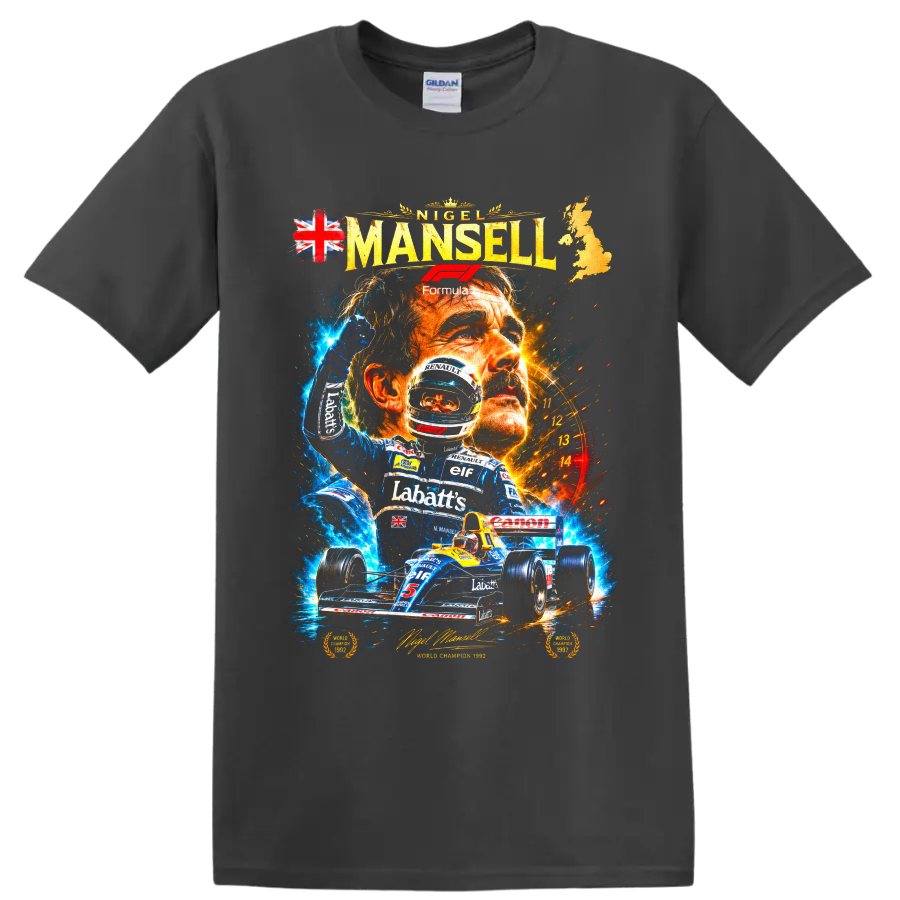 Nigel Mansell 1992 Williams Renault Formula 1 racing collage with championship car on a Charcoal T Shirt