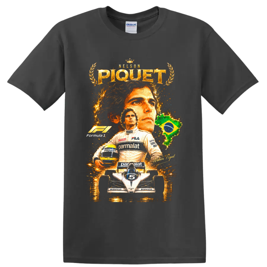Nelson Piquet Brabham Formula 1 portrait, helmet, race car, and Brazil graphic on a Charcoal T Shirt