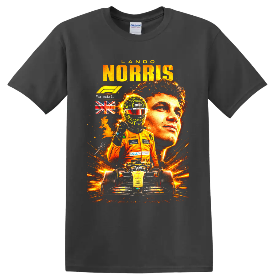 Lando Norris McLaren Formula 1 racing portrait with helmeted driver and race car on a Charcoal T Shirt