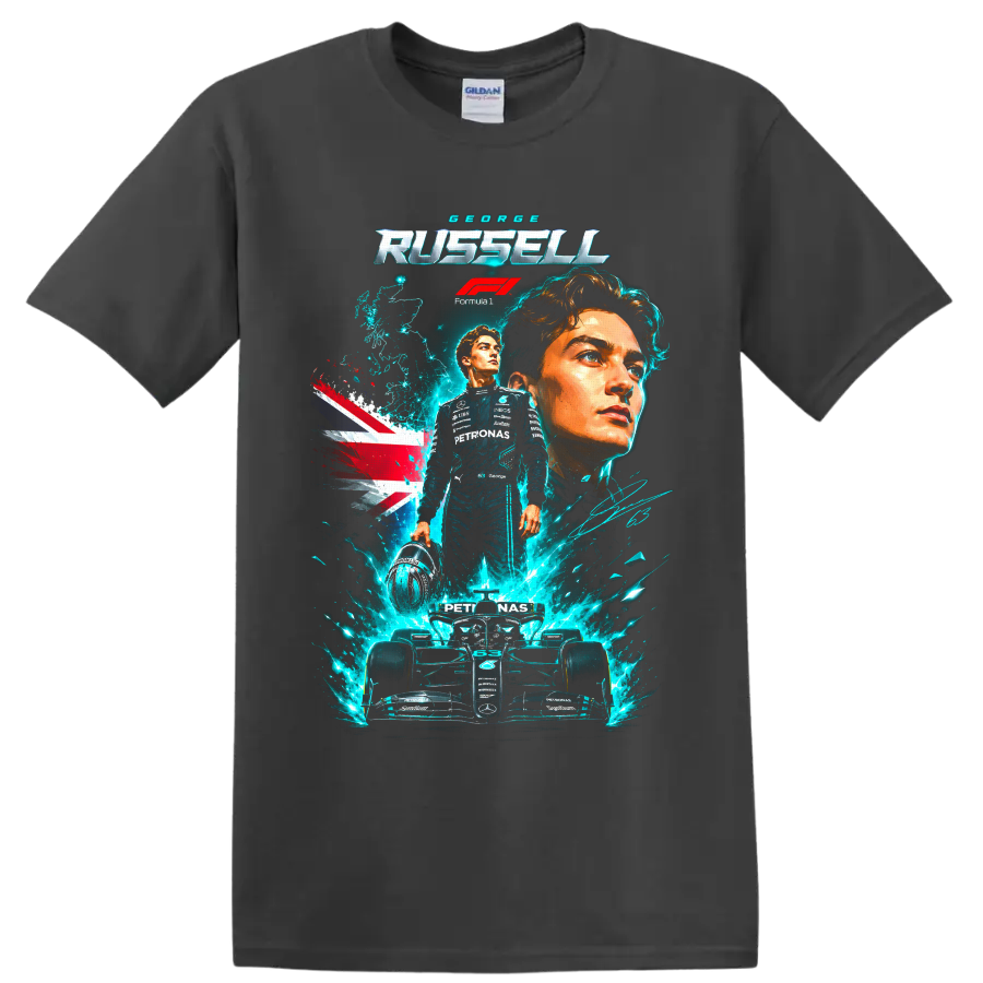 George Russell Mercedes Formula 1 portrait and race car graphic with Union Jack on a Charcoal T Shirt