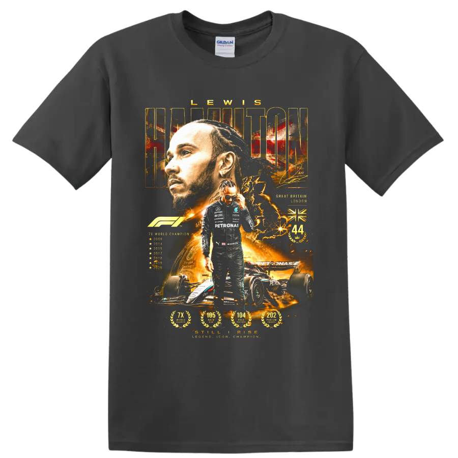 Lewis Hamilton Formula 1 championship collage with Mercedes-AMG Petronas car and number 44 on a Charcoal T Shirt