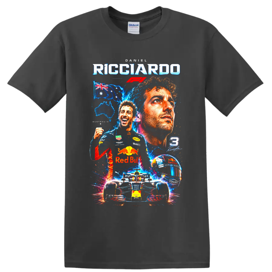 Daniel Ricciardo F1 collage with Red Bull car, helmet, Australian flag and number 3 on a Charcoal T Shirt