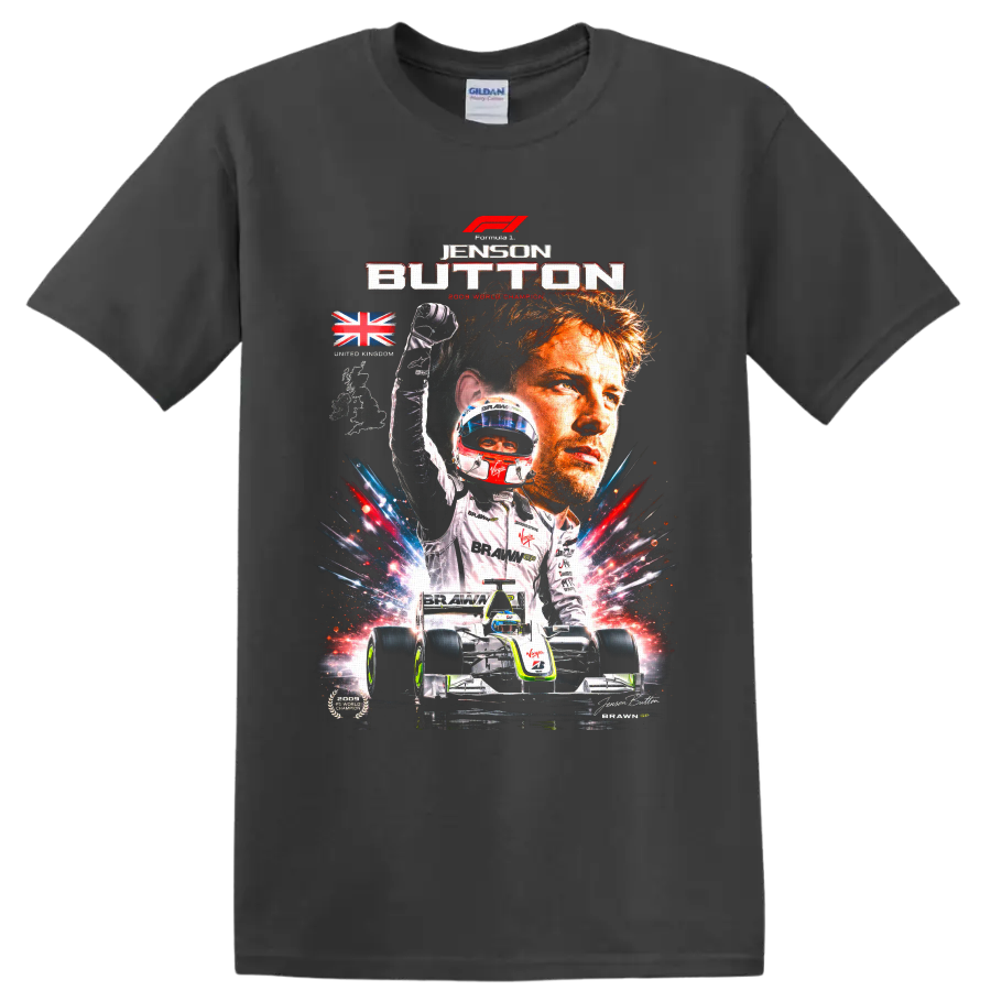 Jenson Button Brawn GP 2009 champion collage with car, helmet, trophy, and Union Jack on a Charcoal T Shirt