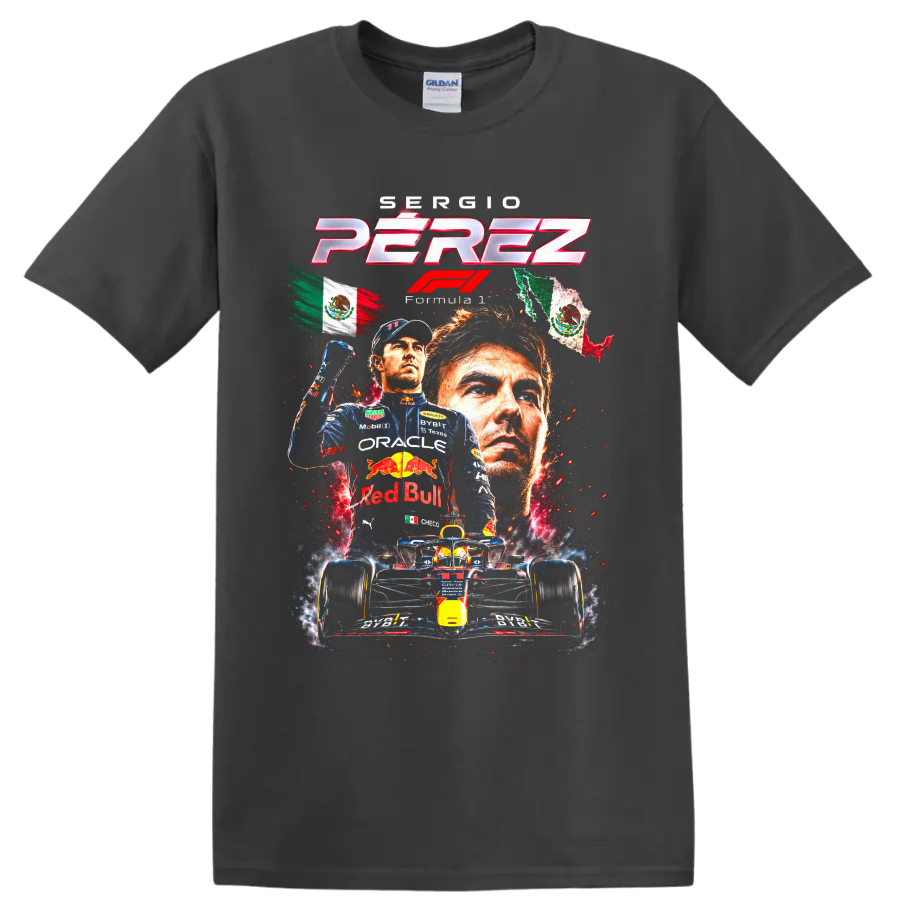 Sergio Pérez Formula 1 Red Bull Racing collage with Mexican flags and race car on a Charcoal T Shirt