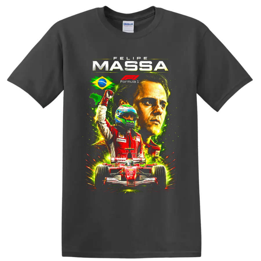Felipe Massa Ferrari Formula 1 collage with Brazilian flag, driver portrait, and red race on a Charcoal T Shirt