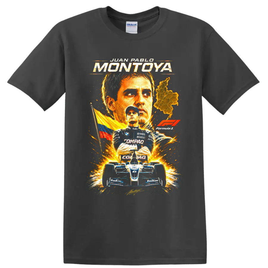 Juan Pablo Montoya Formula 1 portrait with Colombian flag, map, and number 6 race car on a Charcoal T Shirt