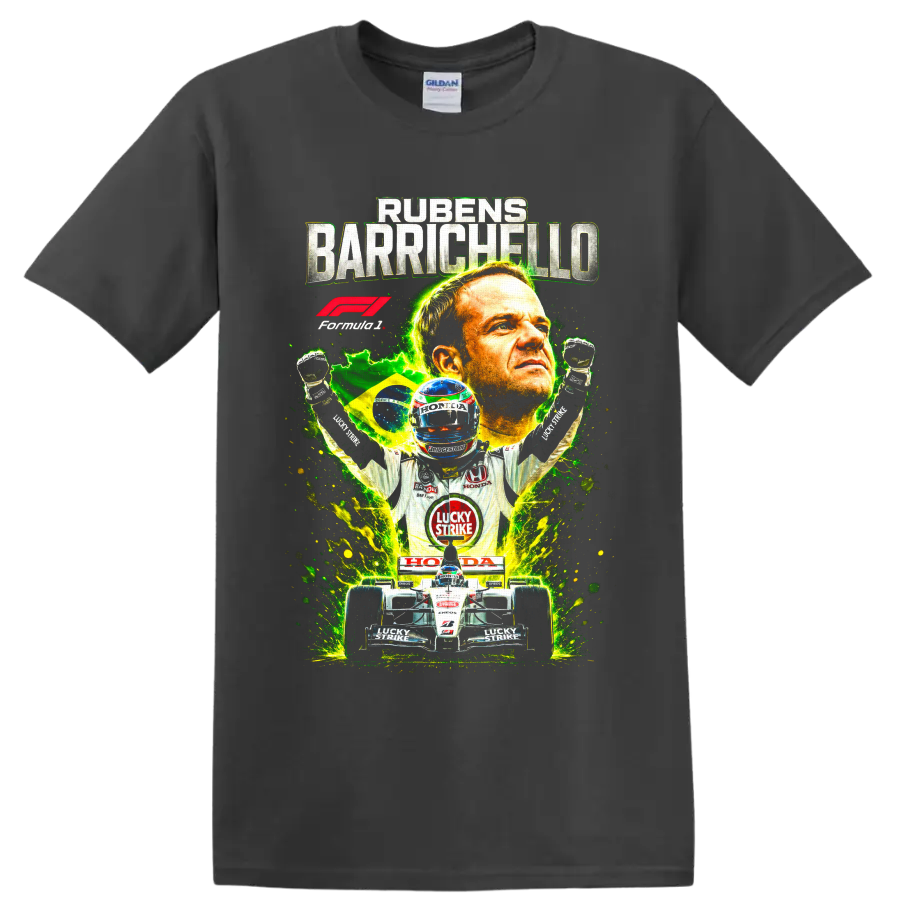 Rubens Barrichello BAR Honda Formula 1 racing collage with Brazilian flag and race car on a Charcoal T Shirt