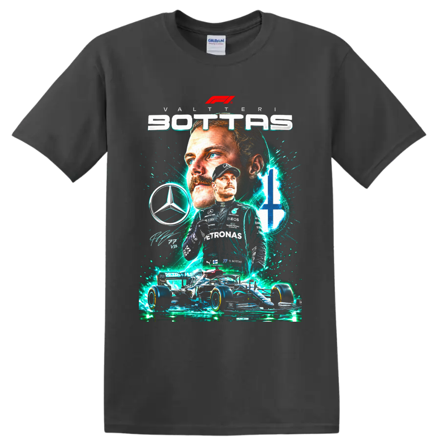Valtteri Bottas Mercedes Formula 1 number 77 racing collage with teal energy effects on a Charcoal T Shirt