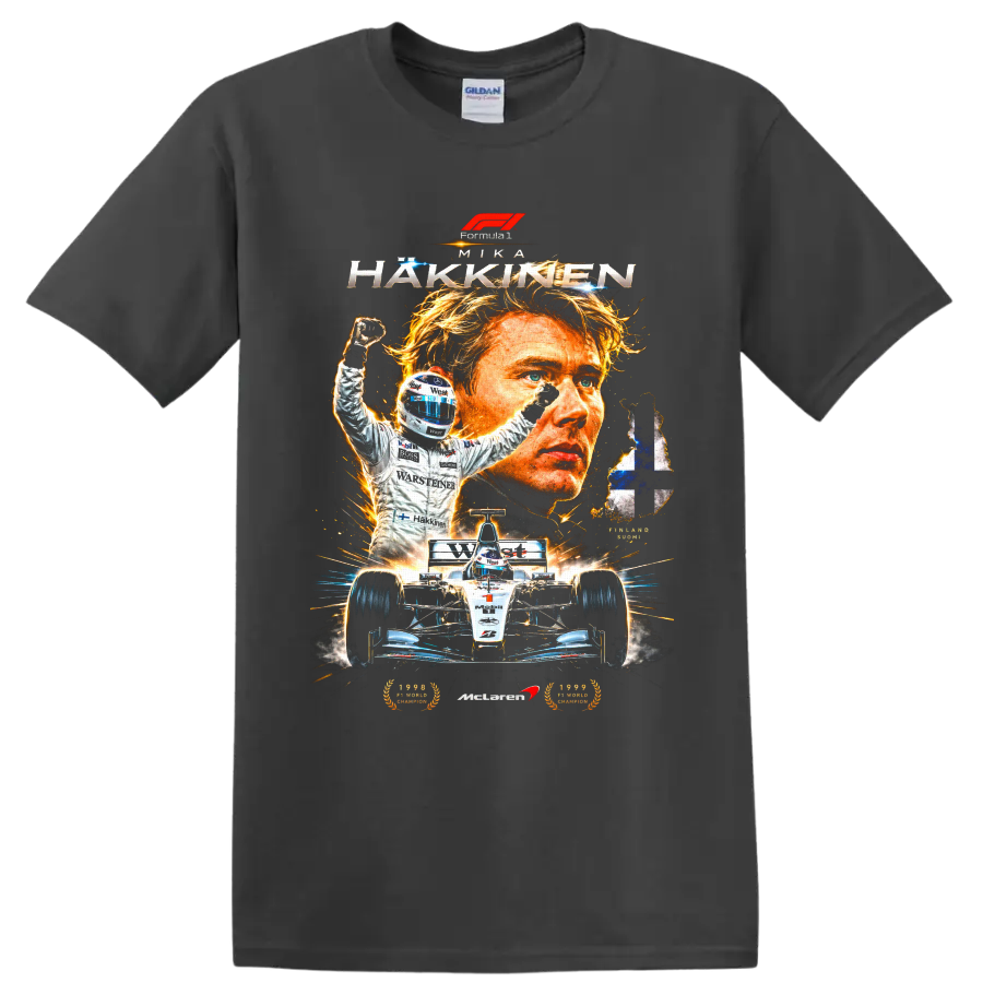 Mika Häkkinen McLaren racing portrait, victory pose, race car and Finnish flag on a Charcoal T Shirt