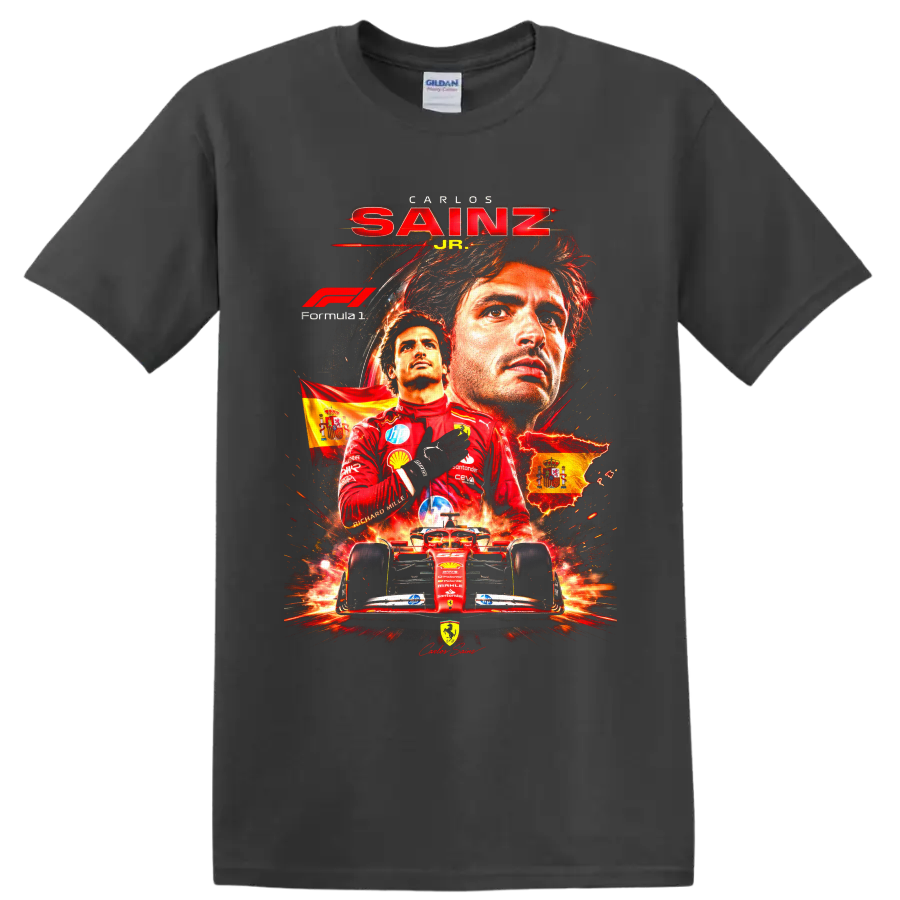 Carlos Sainz Jr Ferrari Formula 1 poster graphic with Spanish flags and red race car on a Charcoal T Shirt