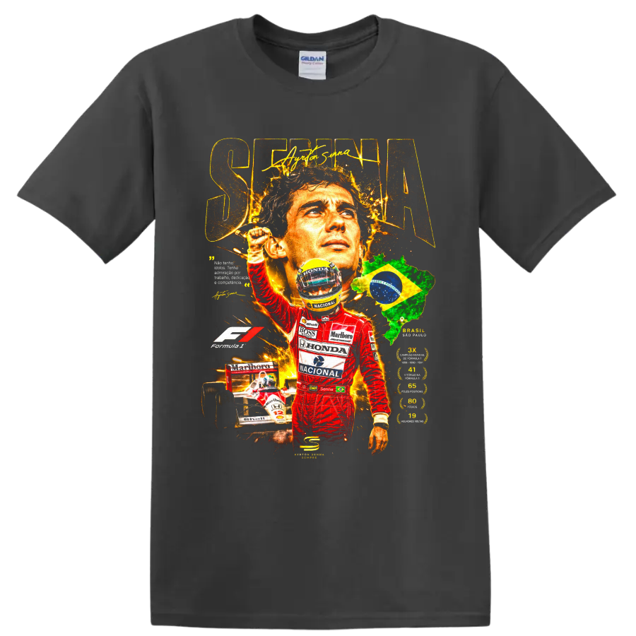 Ayrton Senna Formula 1 tribute collage with Brazil map, race car, and helmet on a Charcoal T Shirt
