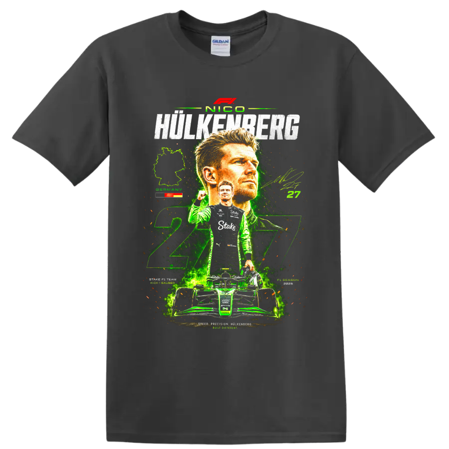 Nico Hülkenberg Kick Sauber 27 racing collage with portrait, helmet, and race car on a Charcoal T Shirt