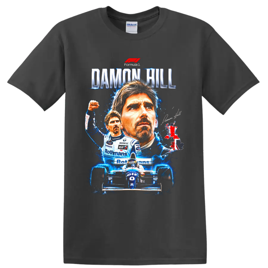 Damon Hill Williams Formula 1 portrait collage with race car and DAMON HILL text on a Charcoal T Shirt
