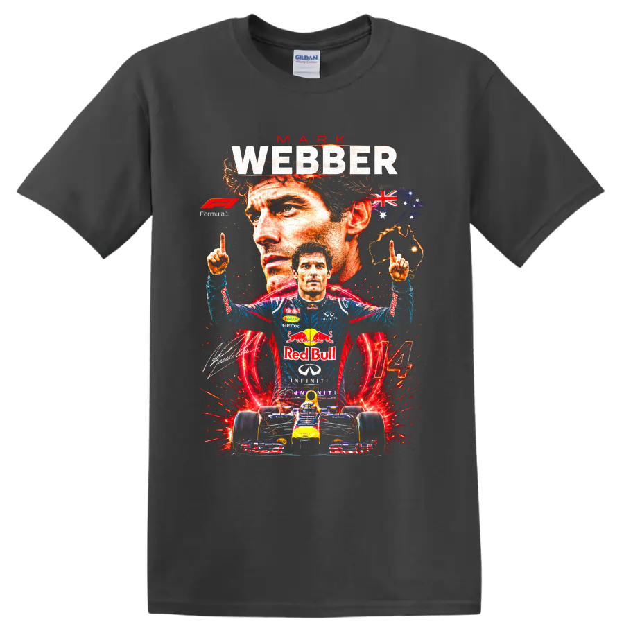 Mark Webber Red Bull Racing Formula 1 collage with Australian flag, race car and number 14 on a Charcoal T Shirt