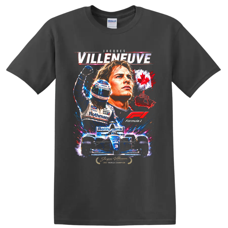 Jacques Villeneuve Williams Renault 1997 champion racing collage with Canadian maple leaf on a Charcoal T Shirt