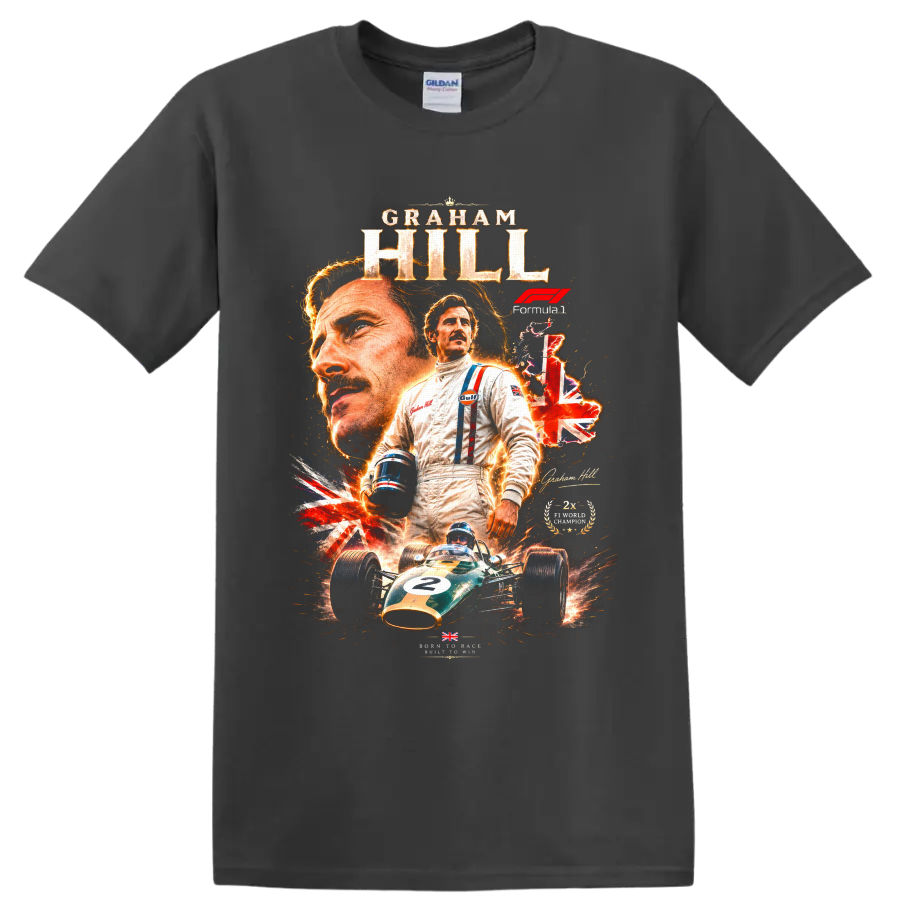 Graham Hill Formula 1 portrait with vintage number 2 race car and Union Jack collage on a Charcoal T Shirt