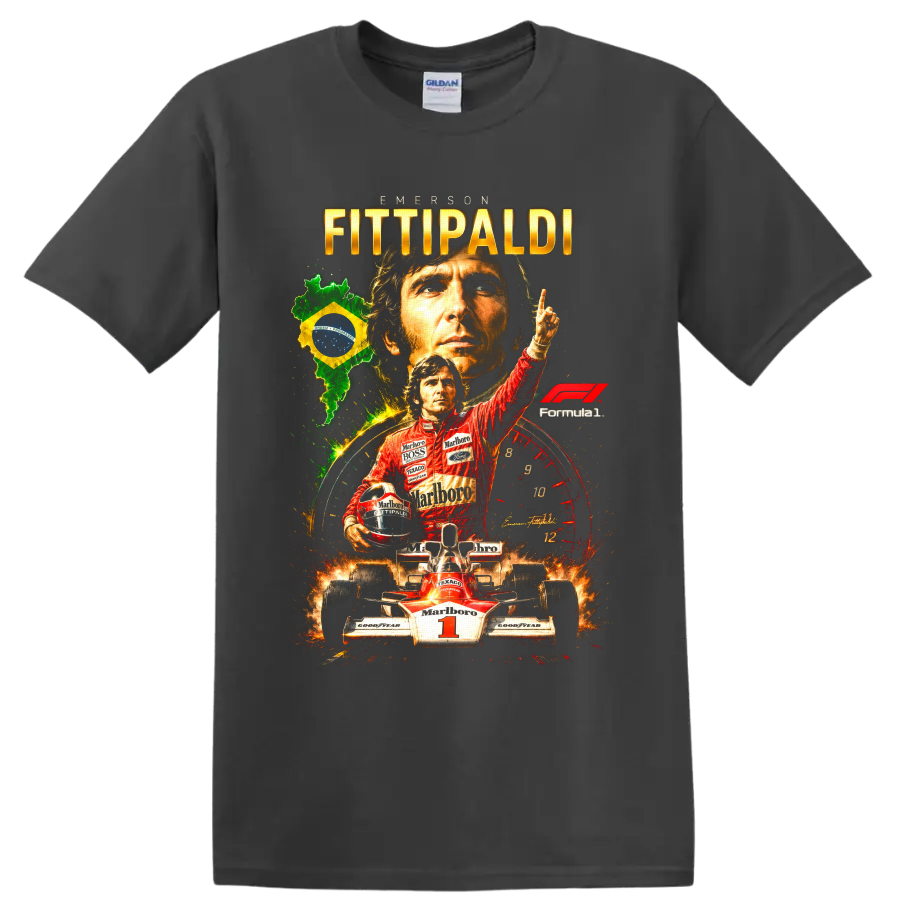 Emerson Fittipaldi Formula 1 racing collage with Brazil flag, number 1 car and portraits on a Charcoal T Shirt