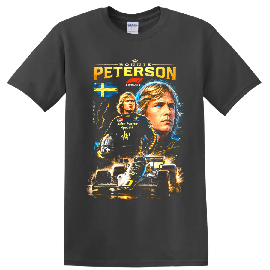 Ronnie Peterson Lotus Formula 1 collage with Swedish flag and black-and-gold race car on a Charcoal T Shirt