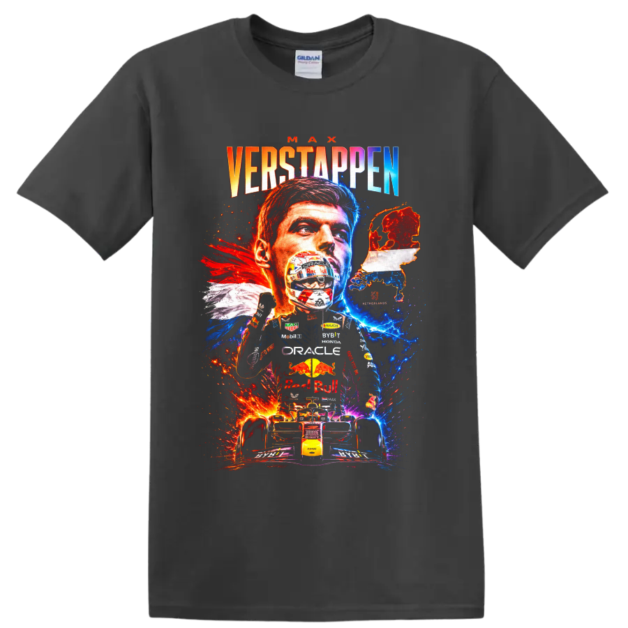 Max Verstappen Formula 1 portrait, helmet, race car, and Netherlands map graphic on a Charcoal T Shirt