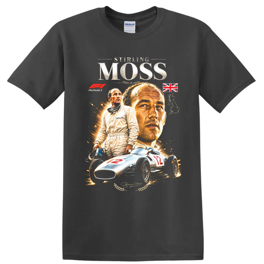Stirling Moss portrait with silver number 12 Mercedes-Benz race car vintage racing graphic on a Charcoal T Shirt