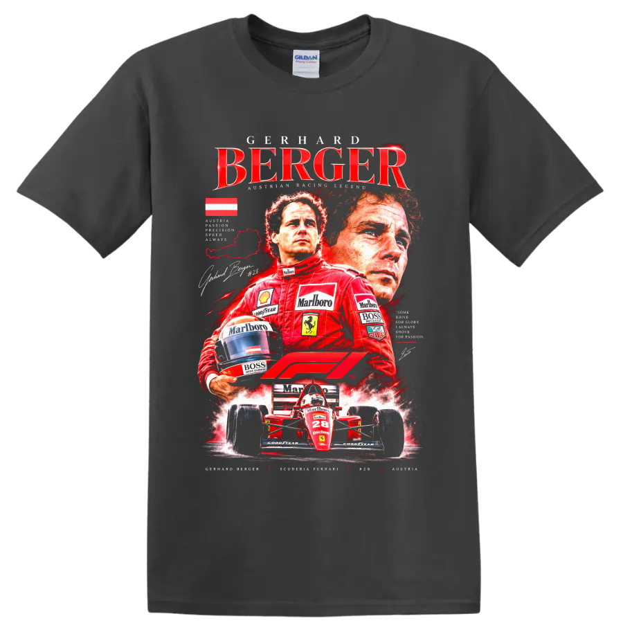 Gerhard Berger Ferrari Formula 1 vintage racing collage with red number 28 car on a Charcoal T Shirt