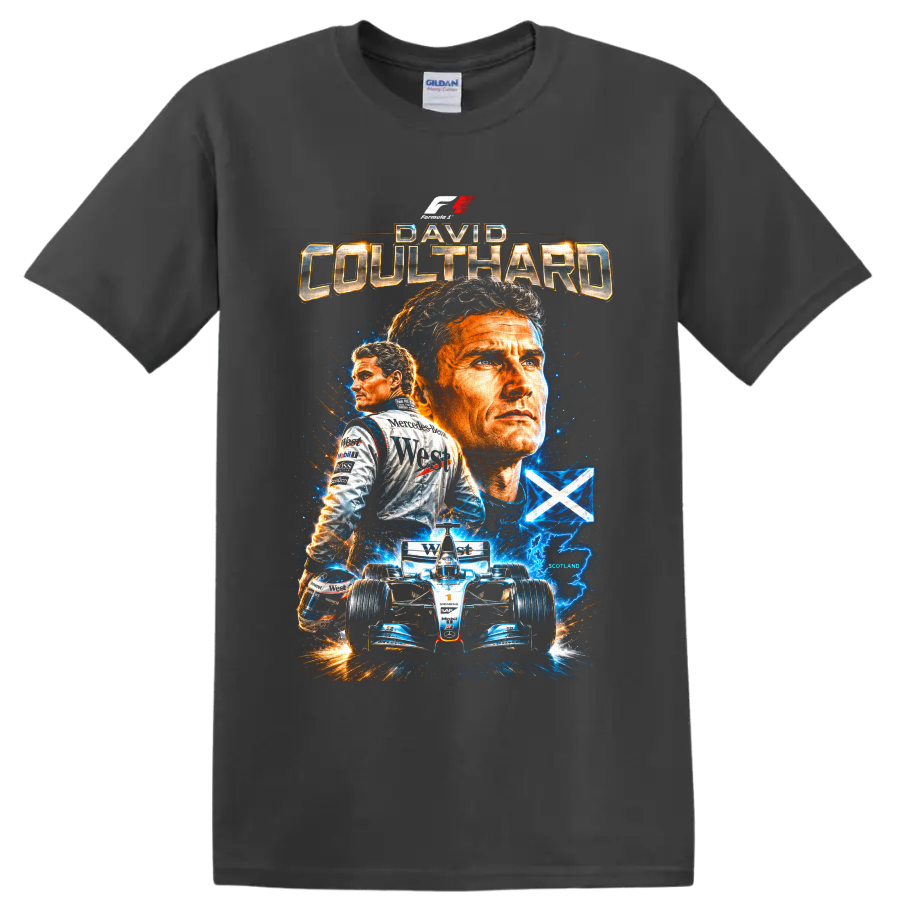 David Coulthard Formula 1 collage with McLaren car, Scotland flag, and electric effects on a Charcoal T Shirt