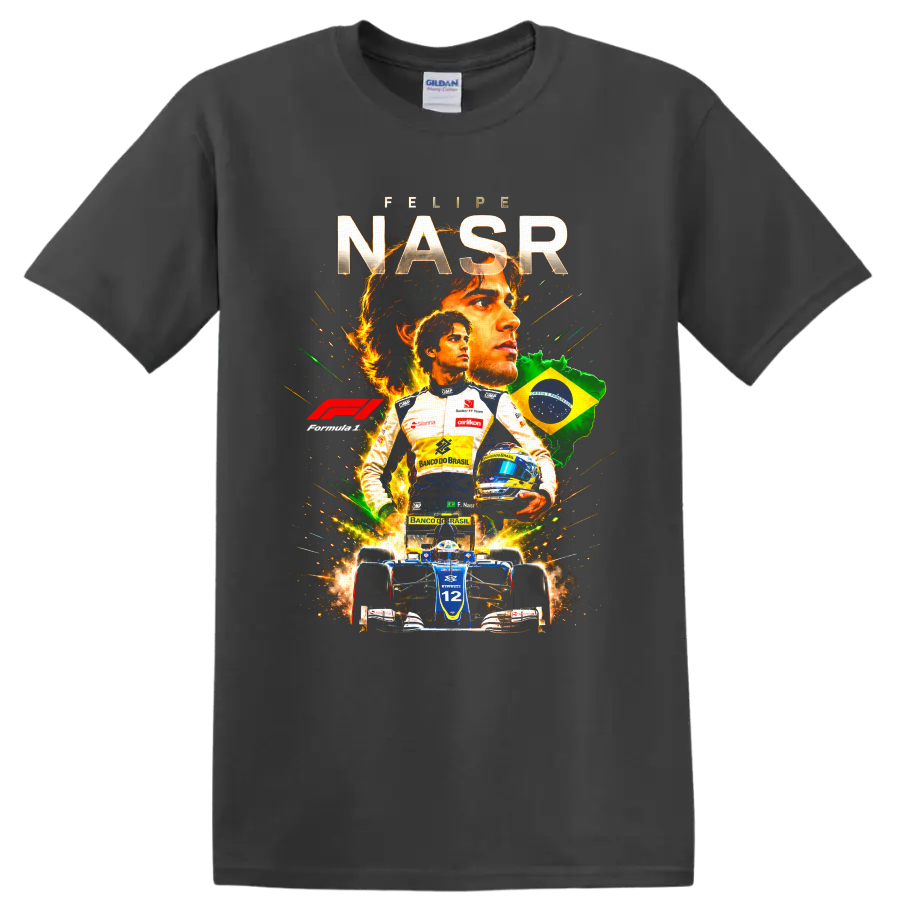 Felipe Nasr Formula 1 racing collage with Brazil flag and number 12 car on a Charcoal T Shirt