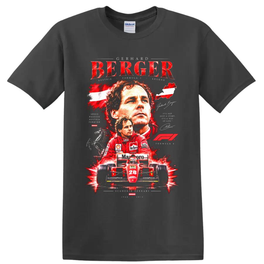 Gerhard Berger Ferrari Formula 1 portrait and number 28 race car collage graphic on a Charcoal T Shirt