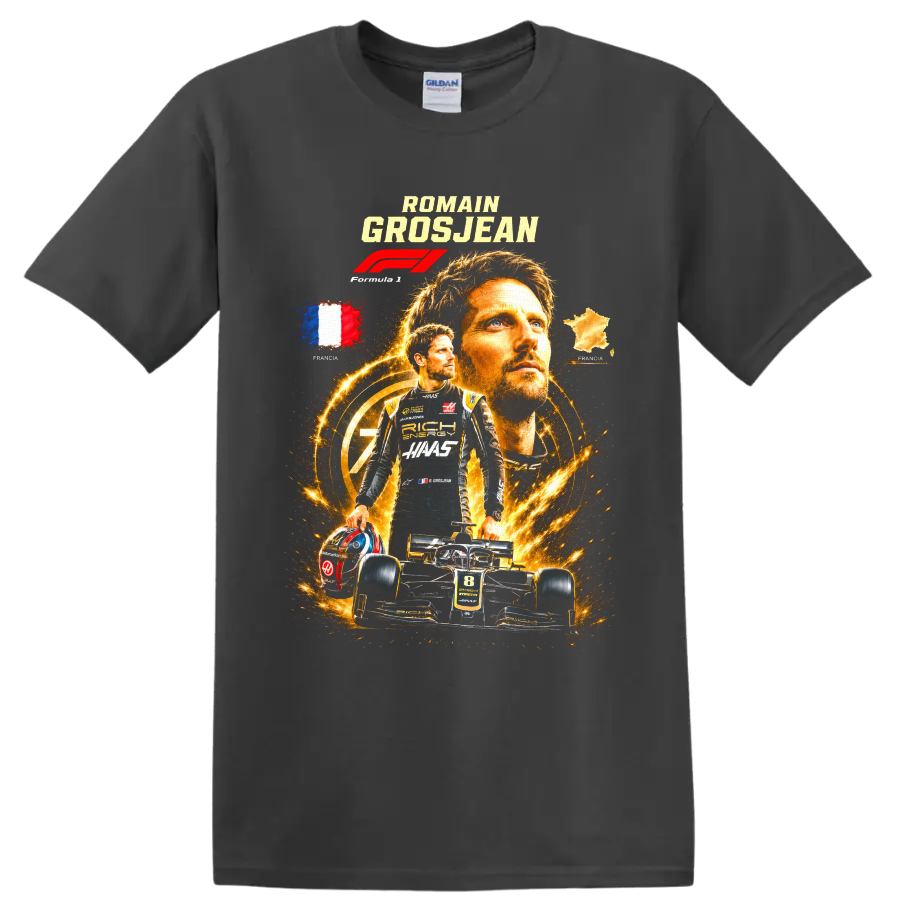 Romain Grosjean Haas F1 racing collage with number 8 car and French imagery on a Charcoal T Shirt