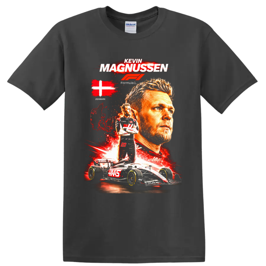Kevin Magnussen Haas Formula 1 collage with Denmark flag, number 20, and race car on a Charcoal T Shirt