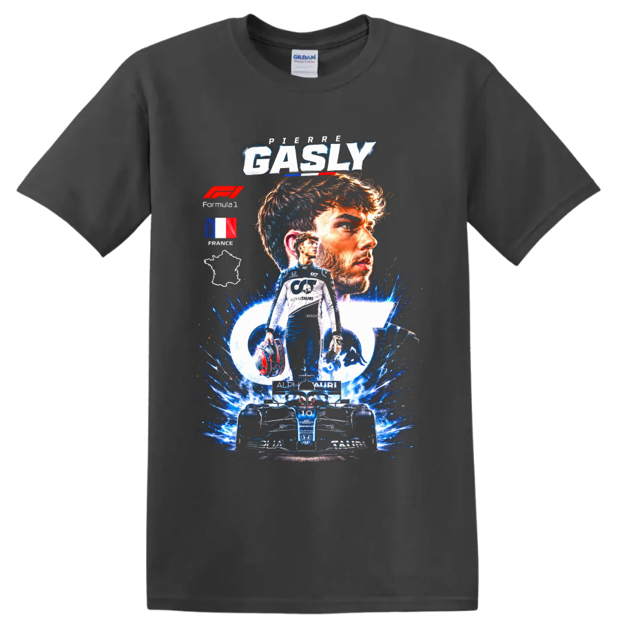 Pierre Gasly AlphaTauri Formula 1 portrait and race car graphic with French details on a Charcoal T Shirt